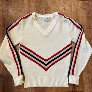 Vintage Women's V-Neck Sweater - White with Red and Blue Stripes